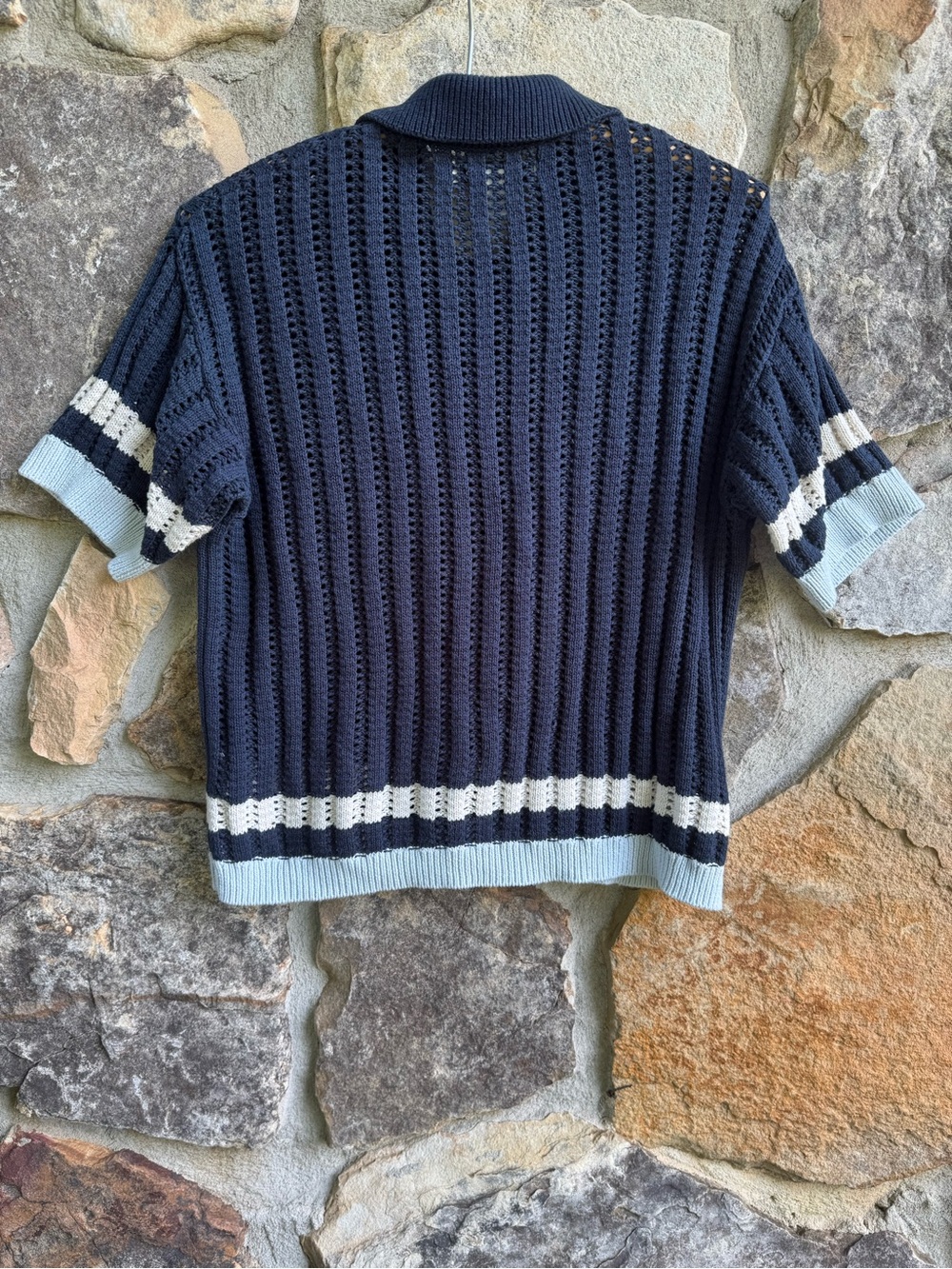 Urban Outfitters Navy Open-Knit Short Sleeve Button Cardigan 100% Cotton Dadcore - Picture 2 of 11